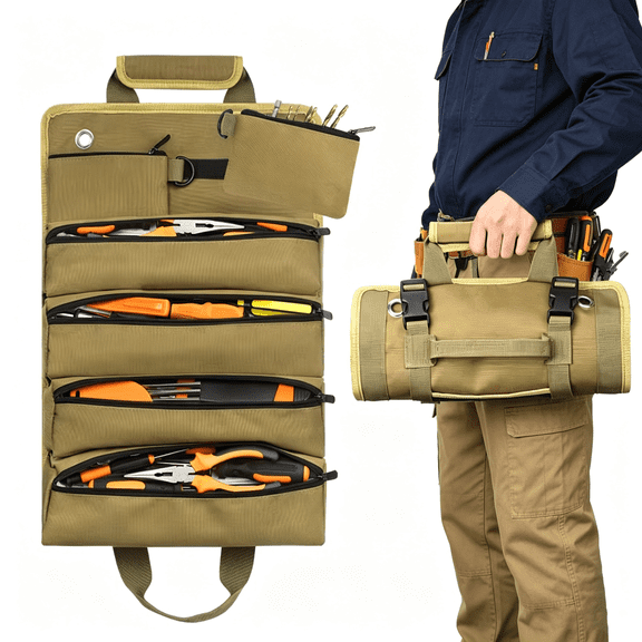 CHICAURA Oxford Cloth Tool Bag, Roll Up Design, Multiple Zippered Pockets, 1 Pack,Khaki