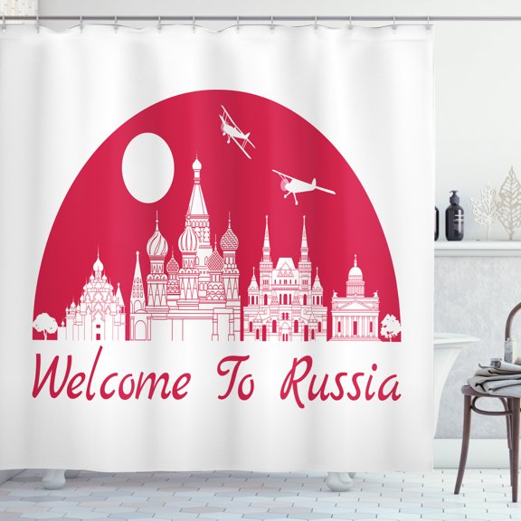 Russian Shower Curtain, Monochrome Russian Architecture City Hallmarks Skyline Welcoming Pattern, Fabric Bathroom Set with Hooks, 69W X 70L Inches, Dark Pink and White, by Ambesonne