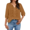 thumbnail image 2 of Womens 3/4 Sleeve Tops Cotton Linen Shirts Embroidered V Neck Button Boho Blouses Loose Fit Dressy Casual Tunic Top,Yellow,XXL, 2 of 8