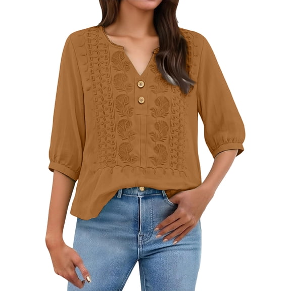 2026 Embroidered Linen Tops for Women 3/4 Sleeve Boho Peasant Shirts Casual Gauze Clothes for Summer Beach,Yellow,XXL