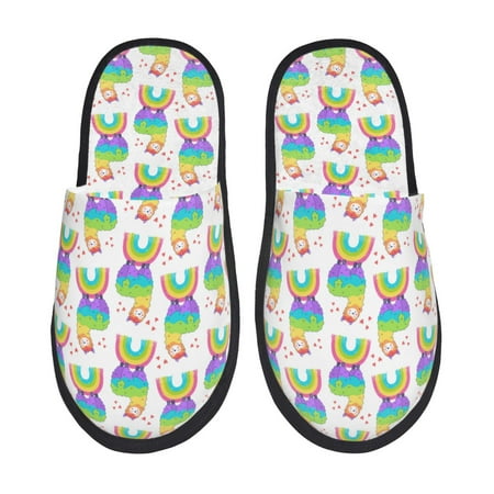 

Honeii Rainbow Llama print Slippers Memory Foam House Bedroom Slippers for Women and Men Fuzzy Plush Comfy Faux Fur Lined Slide Shoes-Large