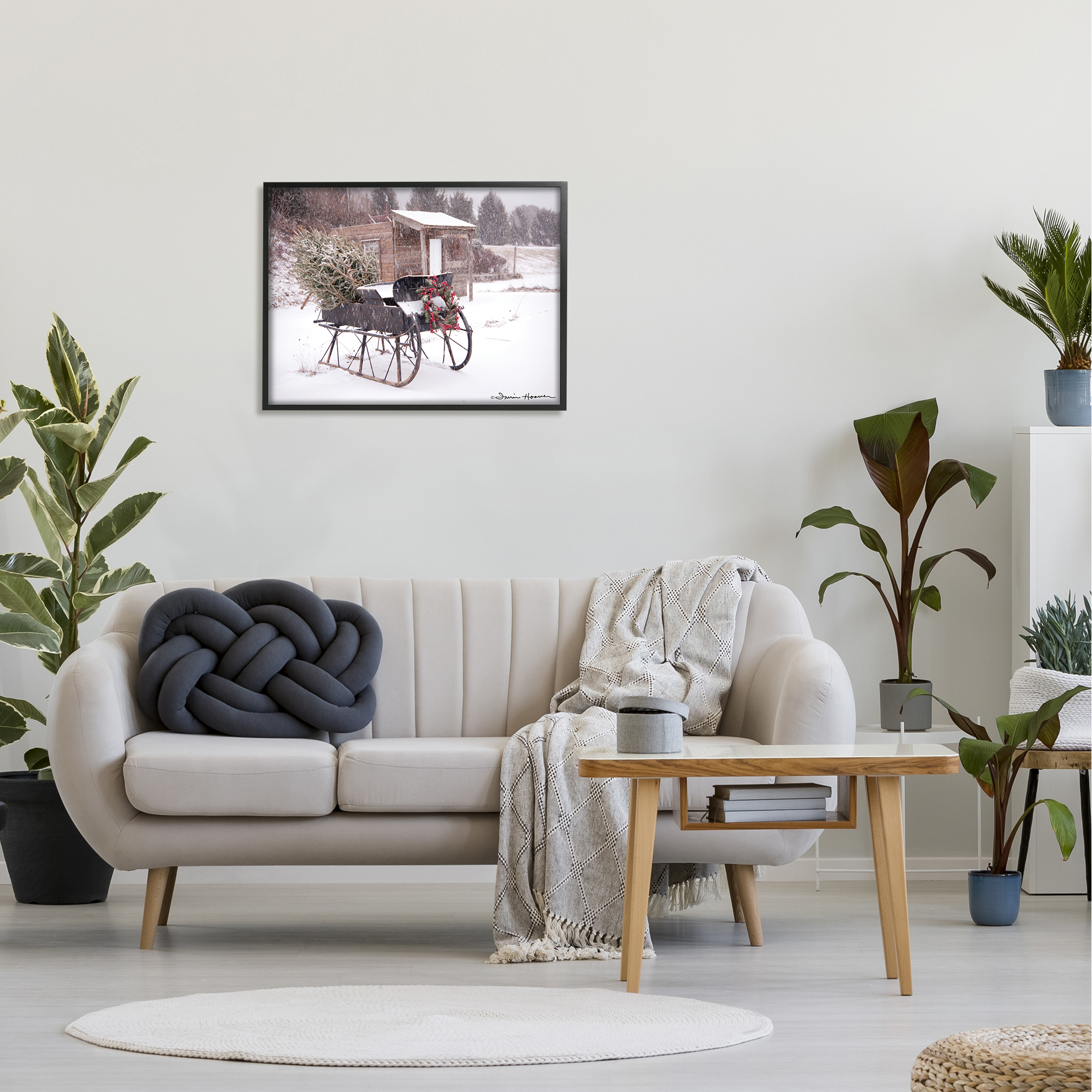 The Stupell Home Decor Collection Snow Sleigh with Tree and Wreath Photograph Framed Giclee Texturized Art
