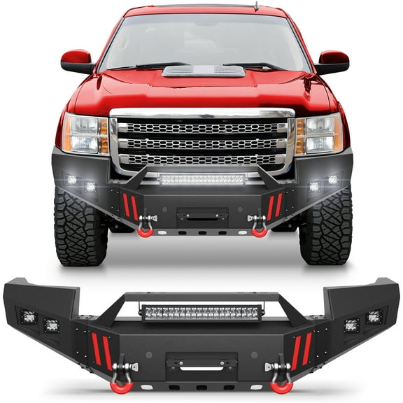 POFENZE Front Bumper Compatible with GMC Sierra 2500/3500 HD 2011-2014 Pickup Truck Bumper with Winch Plate Lights and D-rings