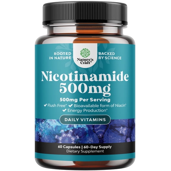 Natures Craft 500mg Nicotinamide Niacin Capsules, Flush Free Skin Supplement, 60 Count