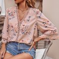 thumbnail image 4 of Moda mujer verano Casual cuello en V manga corta estampado encaje costura Tops pulóver blusa Pompotops  hkajfhjk470020, 4 of 6