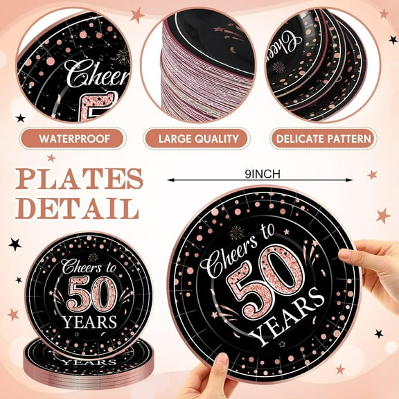 YUYAN-100 Pack 50th Birthday Party Plates Cheers to 50 Years Disposable Paper Plates 7 Inch Pink Rose Gold 50th Birthday Dessert Cake Plates for 50th Anniversary Tableware Party Decorations Supplies