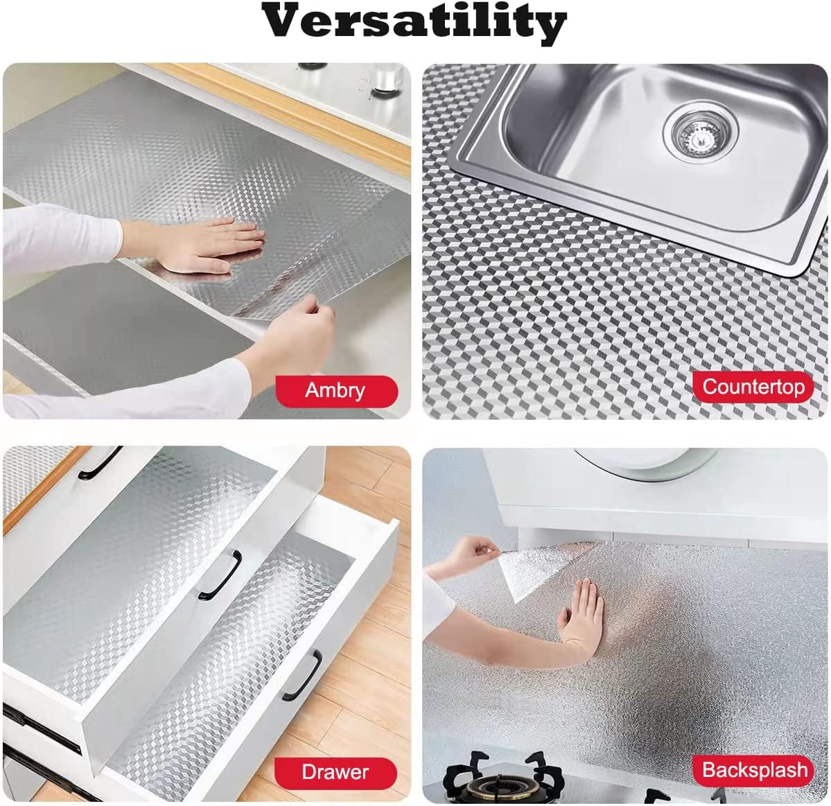Peel and Stick Wallpaper, Waterproof Contact Paper for Kitchen Countertops Cabinets, Self-Adhesive Removable Aluminum Foil Sticker, Oil Proof Heat Resistant, Easy Clean (24"x197", Silver Chequer)