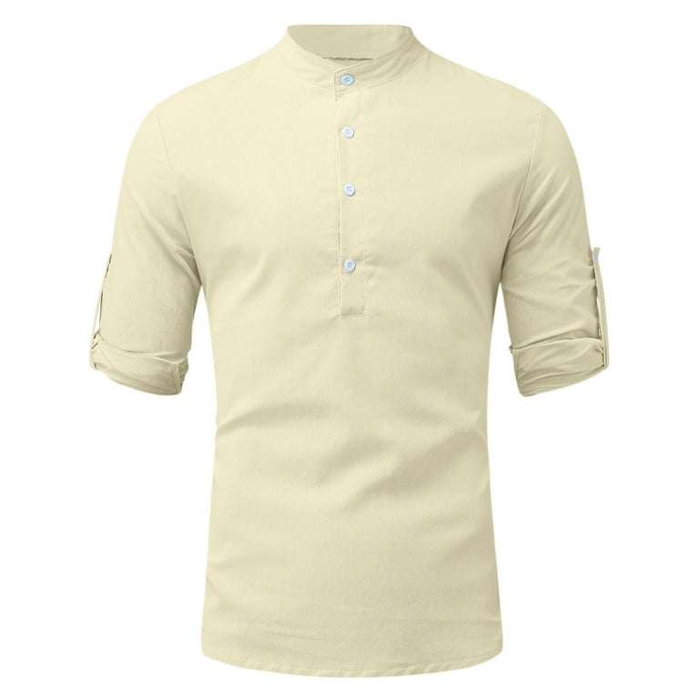 fartey Men's Long Sleeve Henley Shirt Cotton Linen Casual Roll Up