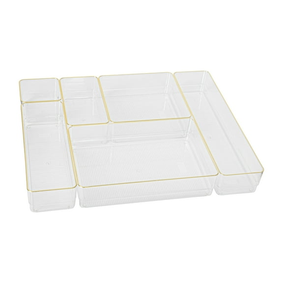 Martha Stewart Kerry Plastic Stackable Office Desk Drawer Organizers with Gold Trim, Set of 6