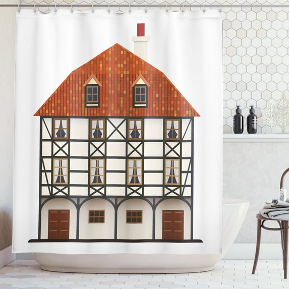 Switzerland Shower Curtain, Traditional Cottage European Classical Architecture Building Facade, Fabric Bathroom Set with Hooks, 69W X 84L Inches Extra Long, Brown Orange and Cream, by Ambesonne