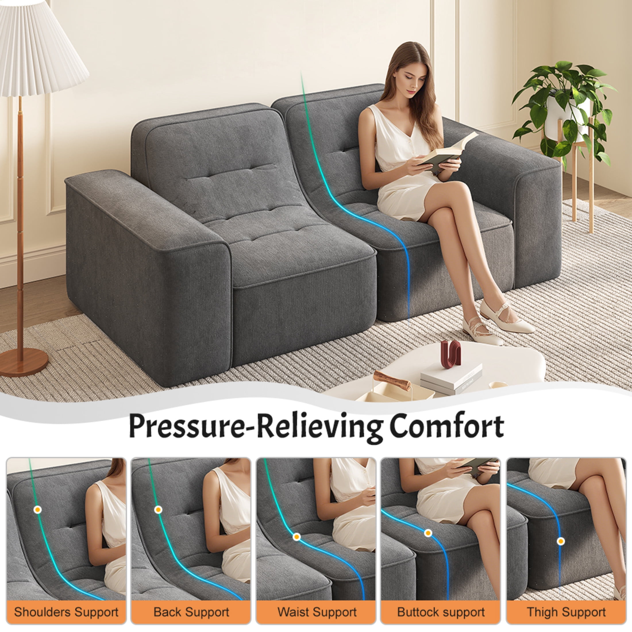 Noble House 84" Modular Sectional 3-Seater Sofa, Tufted Sparkling Chenille Deep Seat Couch, Living Room, Gray