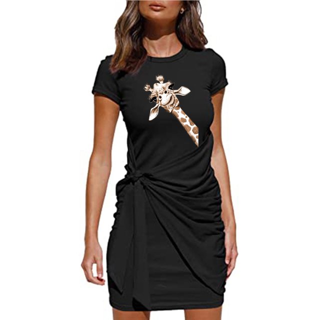 RXIRUCGD Robes d'Été pour Femmes Mode Décontractée Robe T-Shirt Robe Mini Robe de Plage Robe d'Été pour Dames Manches Courtes Col Rond Plissée Imprimée Nœud Ceinturée Robe Mini Irrégulière Robe de Travail Quotidienne