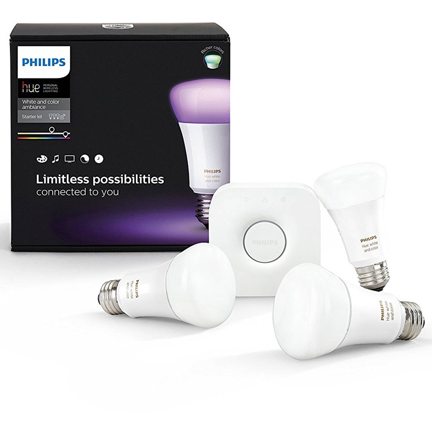 Inspiratie reputatie dun Philips Hue White and Color Ambiance A19 Smart Light Starter Kit, 60W LED,  3-Pack - Walmart.com