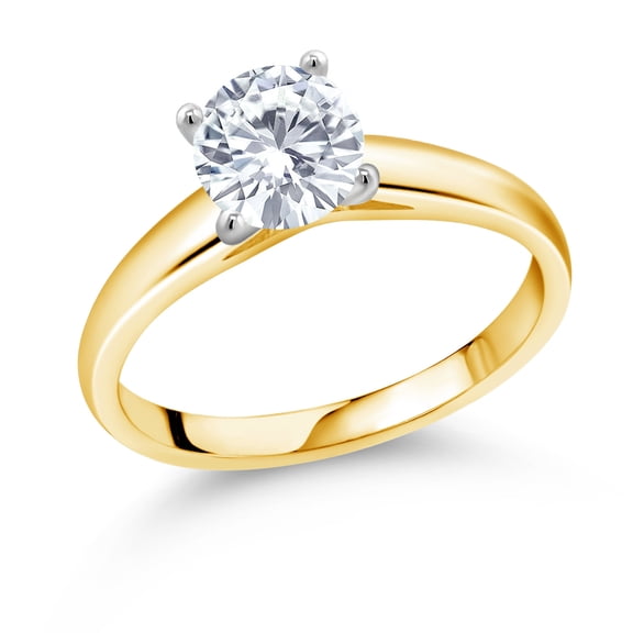 Gem Stone King 10K Yellow and White Gold Ring Solitaire Ring Set with Round 1.00cttw Moissanite (Size 5)