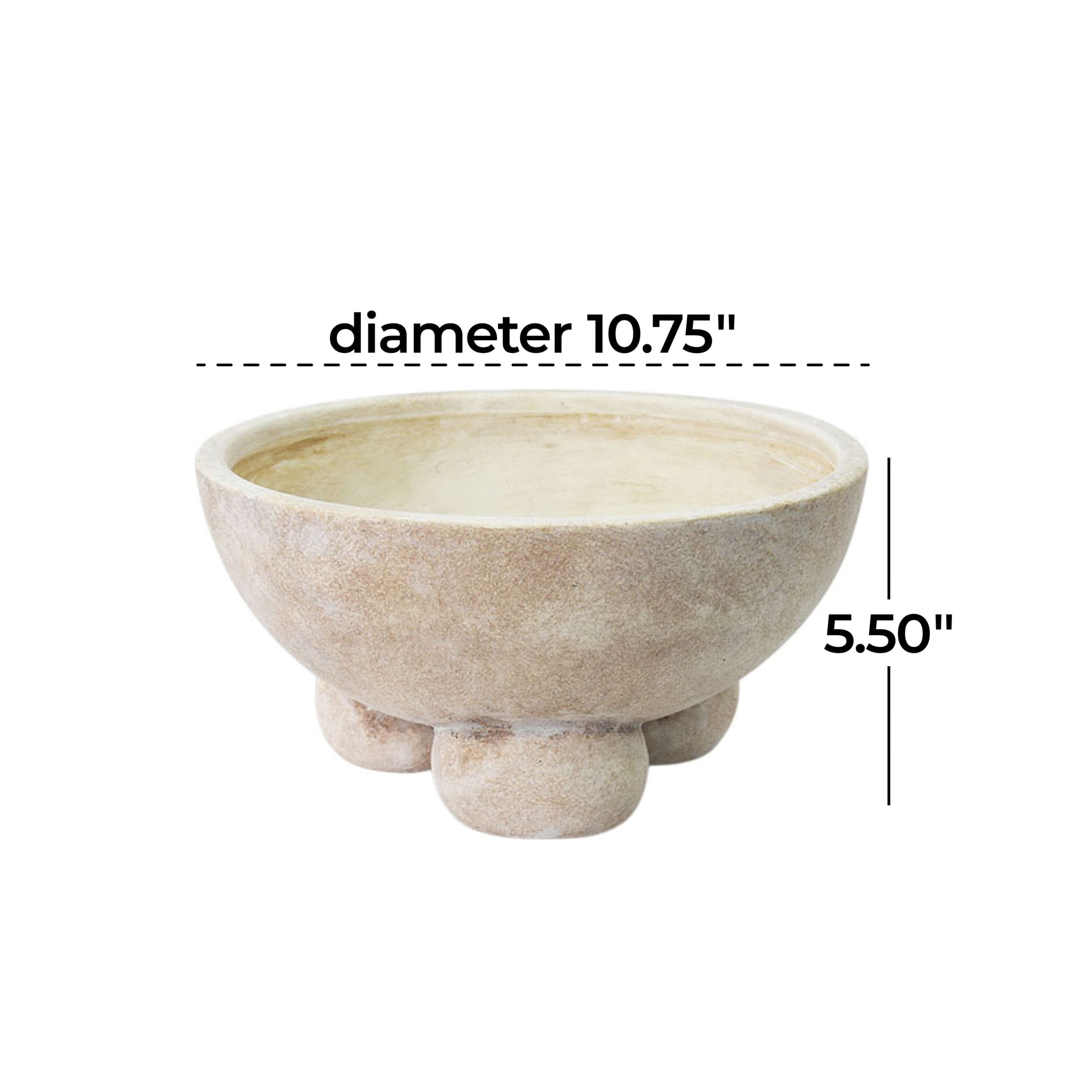 DecMode 11" Round Antique Style Washed Cream Ceramic Decorative Bowl with Three Round Legs
