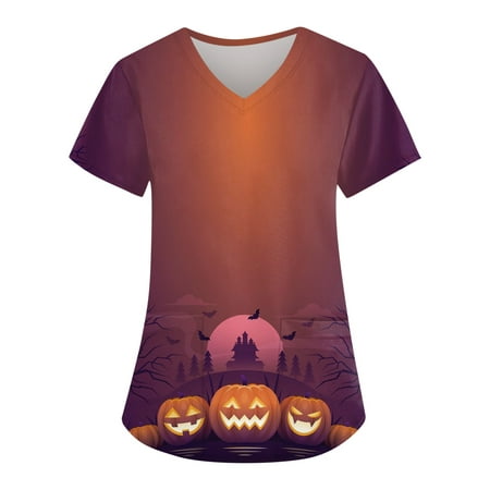 

Sksloeg Sksloeg Scrubs Tops for Women Plus Size Pumpkin Cat Bat Print Halloween Scrub Shirt Tops Short Sleeve V-Neck Working Uniform Workwear with Pocket Ginger M