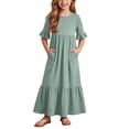 thumbnail image 2 of Antinious Girls Solid Pleated 3/4 Sleeve Round Neck Casual Versatile Wear Dress, 2 of 5