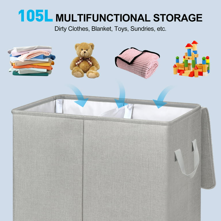 YOUPINS Double Laundry Hamper with Lid and Removable Laundry Bags, Large  Collapsible 2 Dividers Dirty Clothes Basket with Handles for Bedroom,  Laundry Room, Closet, Bathroom, College, Light Gray 