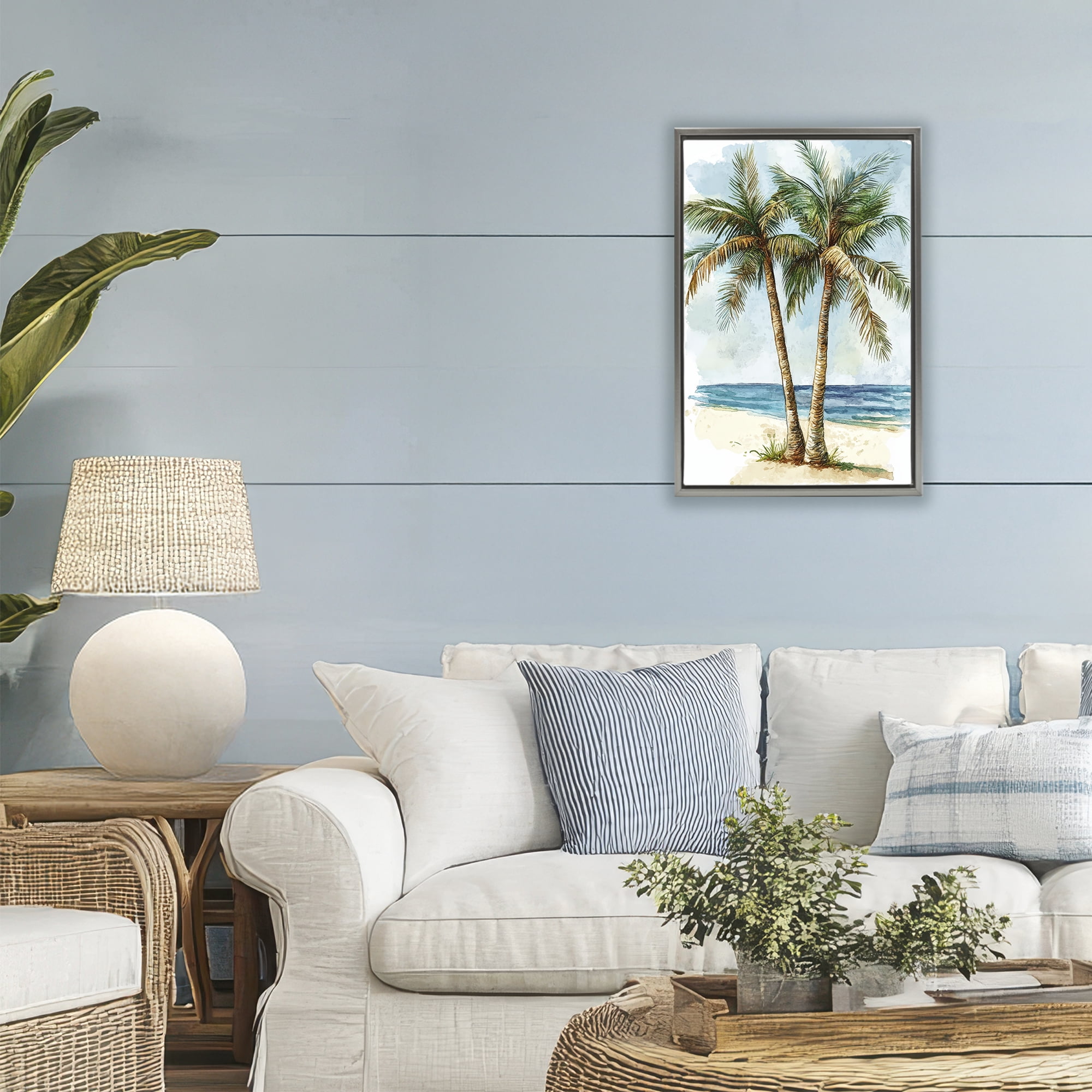 Stupell Industries Illustrated Palm Tree Duo Gray Framed Floater Canvas Wall Art, design by Petal Prints Design