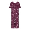 thumbnail image 4 of Économies d'Été Liquidation Iumwxz Pyjamas Décontractés Fluides Tenues Grande Taille Tenues d'Été Mode Graphique Col Rond Manches Courtes Taille Élastique Pantalons Raccourcis Ensembles Assortis pour Fête Dames, 4 of 6