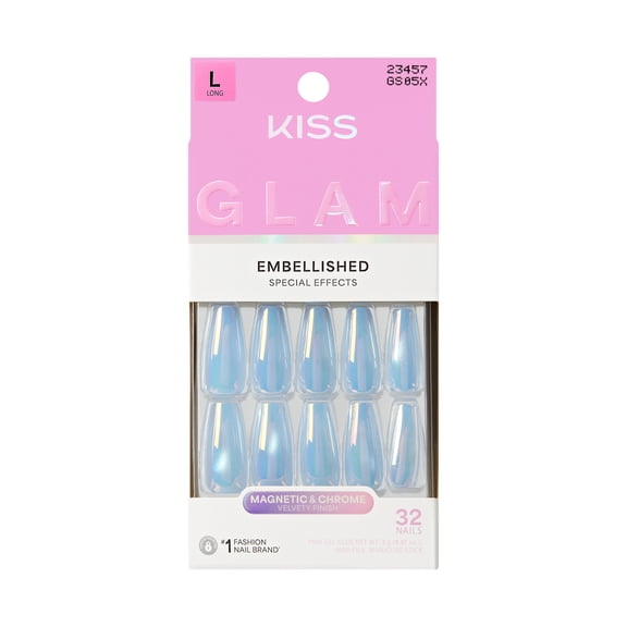 Kiss Glam Embellished Press On Nails, ‘Light Me Softly’, Blue, Long Coffin, 32 Count