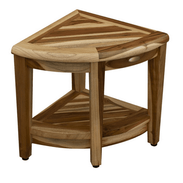Compact Teak Wide Corner Shower Outdoor Bench with Shelf in Natural Finish