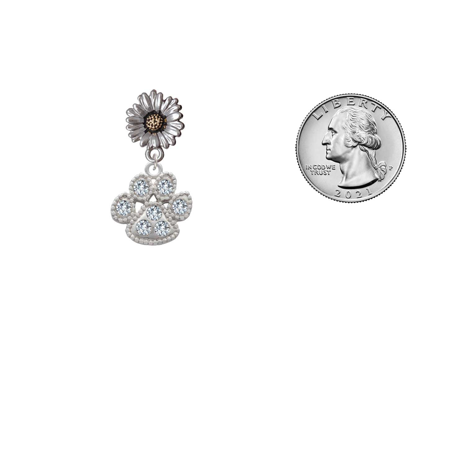 Delight Jewelry Silver-tone Large Paw with Clear Crystals - Two-tone Daisy Flower Post Earrings