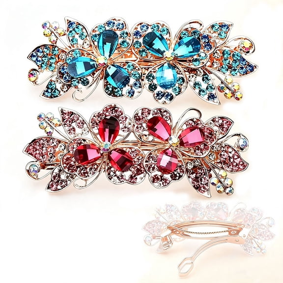Butterfly Hair Clips,Luxury Jewelry Flower Hair Accessories,Rhinestone Hair Clips 2pcs,Snap Hair Clip for Women Girls Hair Clips,Pink And Blue