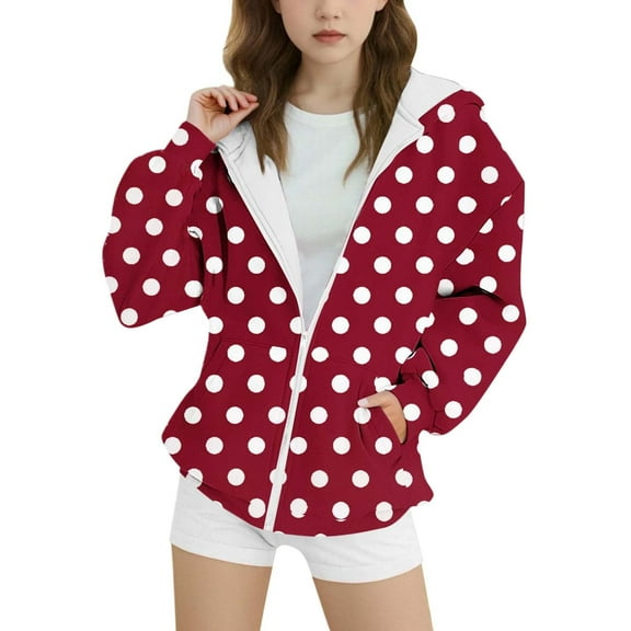 SonxaHe Toddler Girl' Hooded Jacket Dots Print Zip Up Loose Sweatshirt Lightweight Fall Casual Jackets Red,Sized 4-5