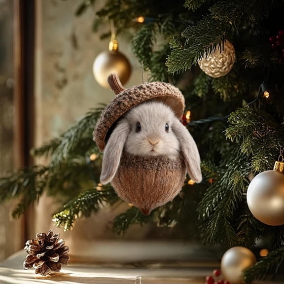 Cute Christmas Bunny in Acorn Ornament, Woodland Animal Hanging Xmas Tree Decor, 3.94in