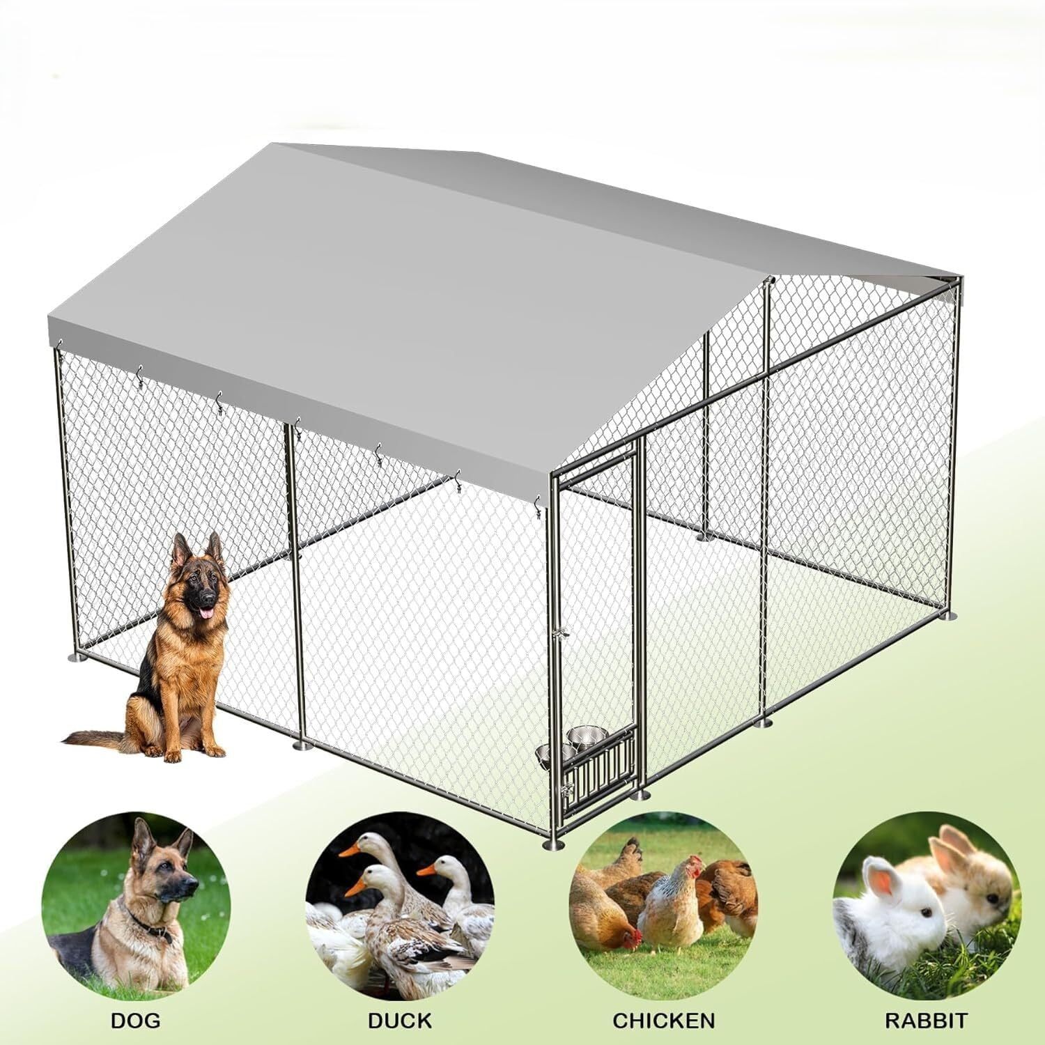 EuKer 10x10 ft Large Outdoor Dog Kennel with Waterproof Cover and Feeding Door for Medium/Large Dogs, Silver