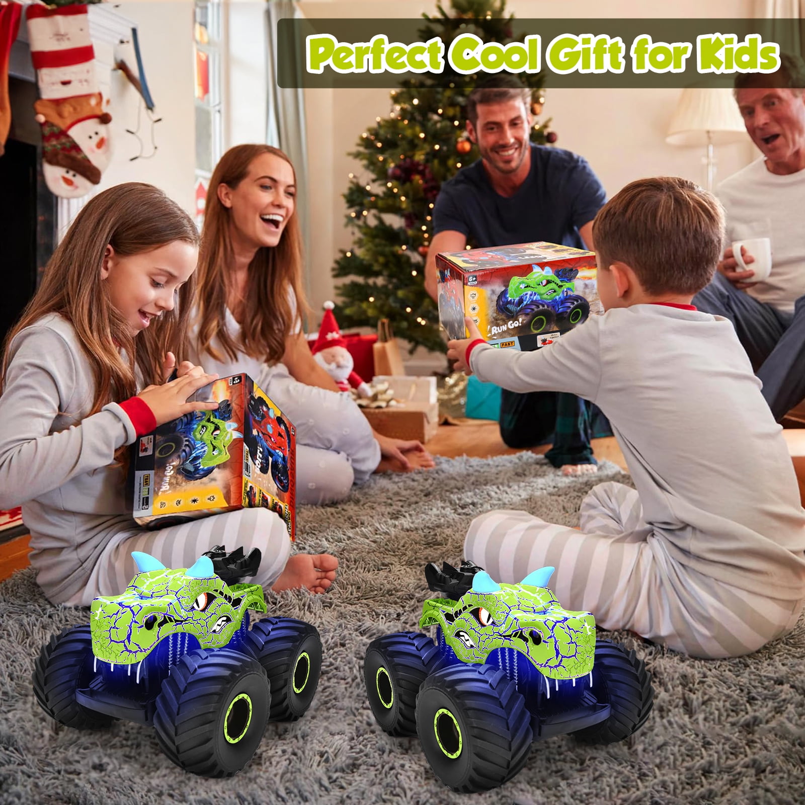 Huge Wave Remote Control Cars for Boys, 2.4Ghz RC Dinosaur Toys for Boys 3-6, RC Monster Trucks with Light & Sound Spray, Birthday Christmas Gift for Boys 3 4 5 6 7 8, Green