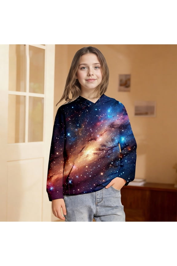 Girls 3D Solar System Graphic Hoodies Long Sleeve Sweatshirt Kangaroo Pocket Casual Relaxed Fit Fall Pullover Top