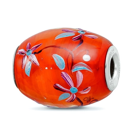 Polished Hand-painted Ster.silver Reflections Orange Hand Painted Floral Fenton Glass Bead Charm Pendant Necklace for Wo