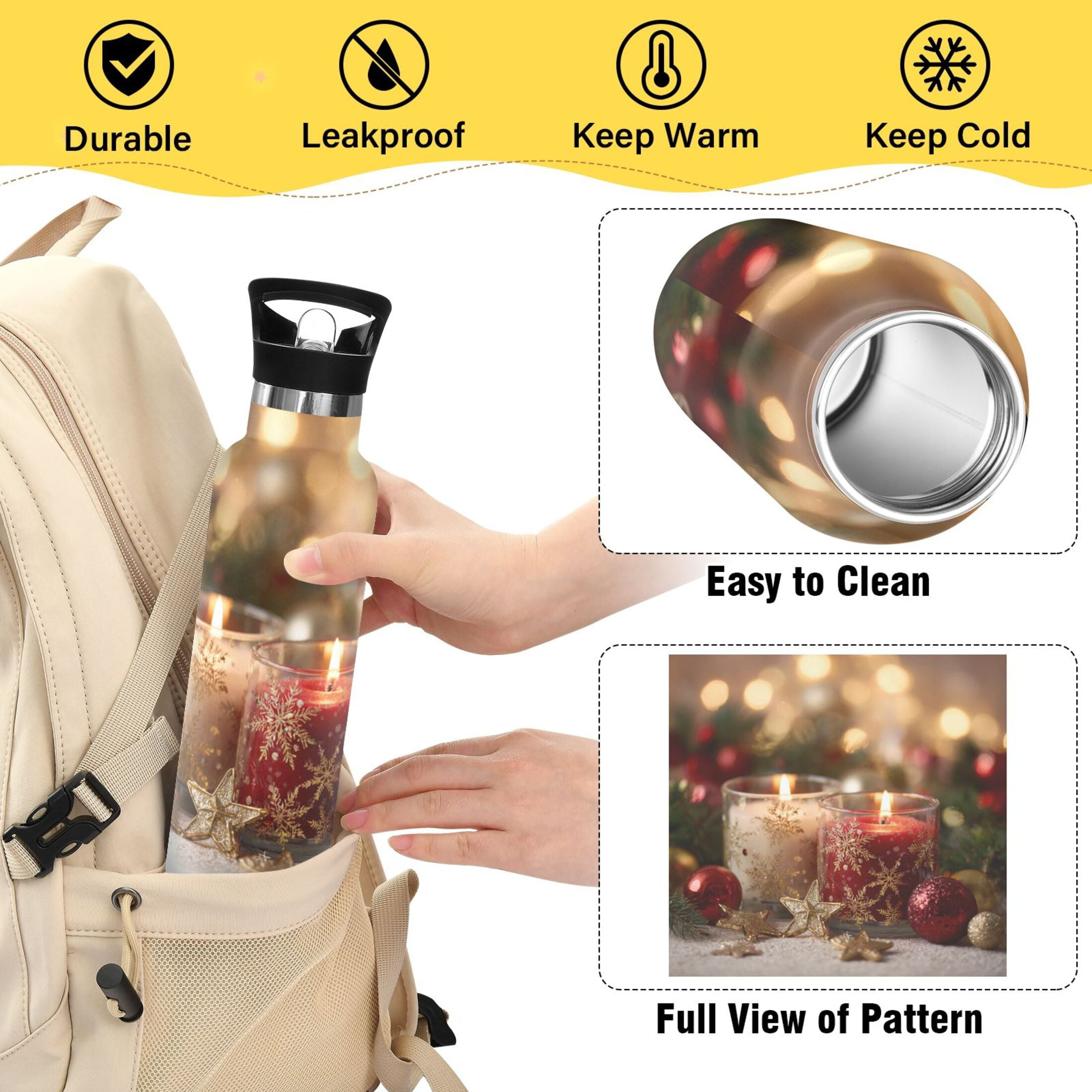 Kids Insulated Stainless Steel Sports Water Bottle 600ml (20oz) Red and White Scented Candles Pattern