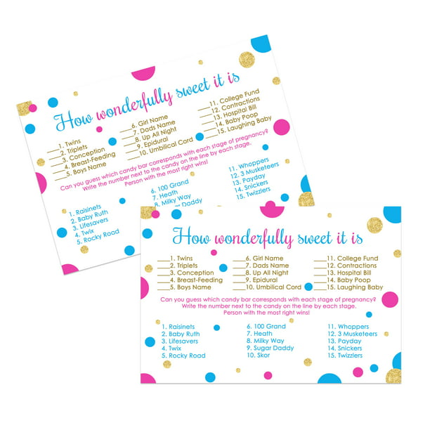 Gender Reveal Candy Guessing Game Pack of 25 Baby Shower Guess Stages of Pregnancy  Funny Activity Cards Boy or Girl Team Pink Blue (4x6) Paper Clever Party -  