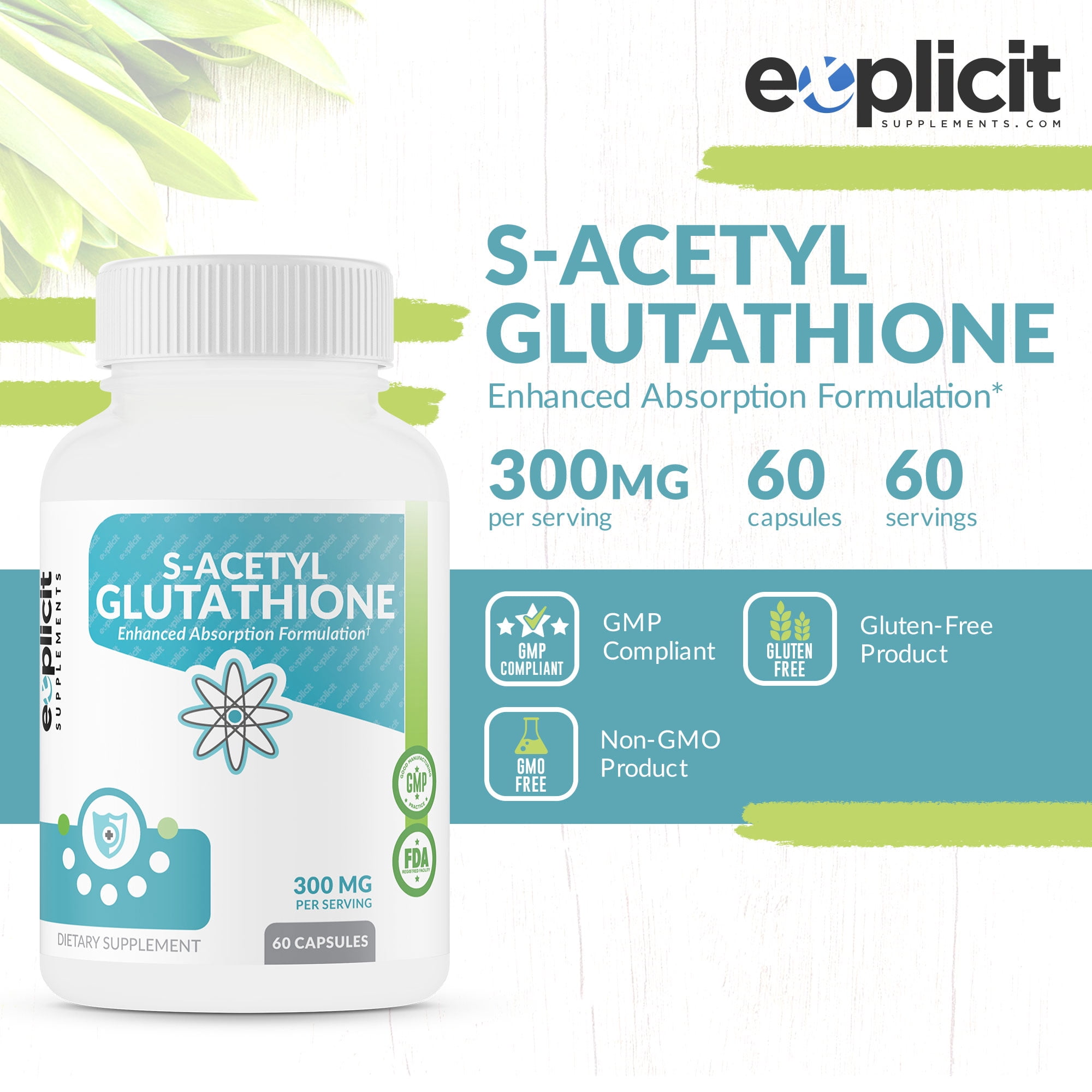 sag glutathione eXplicit Supplements S-Acetyl Glutathione (SAG) 300mg Per Dose,  Acid-Resistant Caps, Made in the USA - 60 Capsules