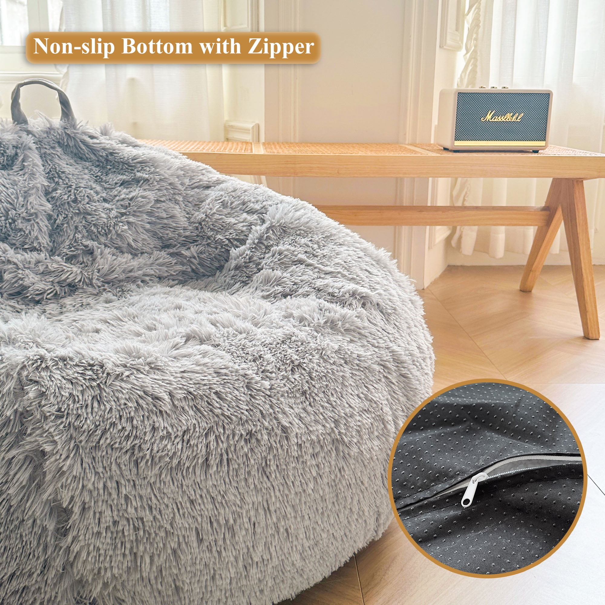 XeGe Fluffy Stuffed Animal Storage Bean Bag Cover(No Filler), Faux Fur Washable Ultra Soft Bean Bag Cover for Plush Toys or Textile,Plush Shaggy Large Beanbag for Adults Kids Teens, Light Grey