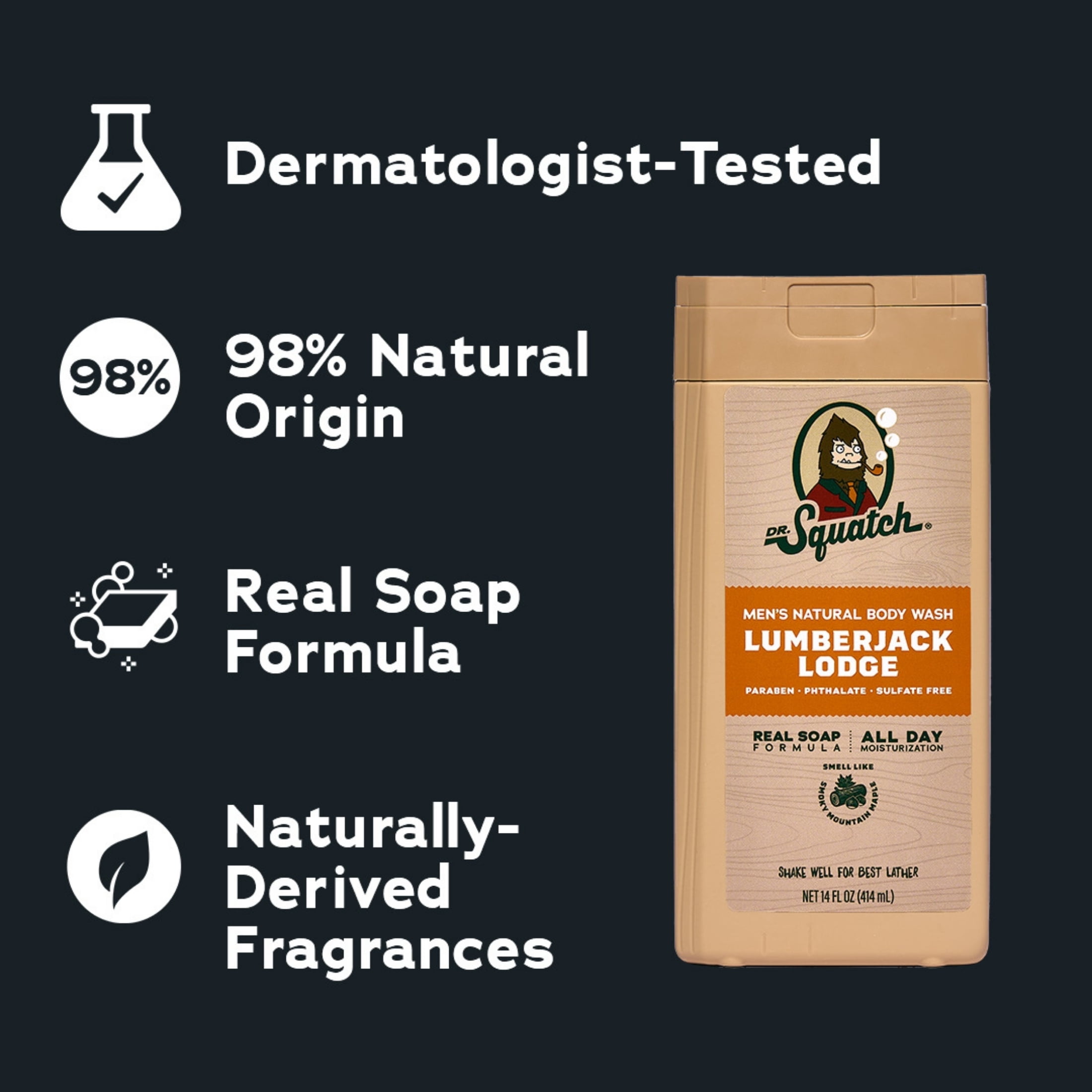 Dr. Squatch Mens Natural Body Wash, Sulfate Free Moisturizing Body Wash for men, Lumberjack Lodge, 14 fl Oz