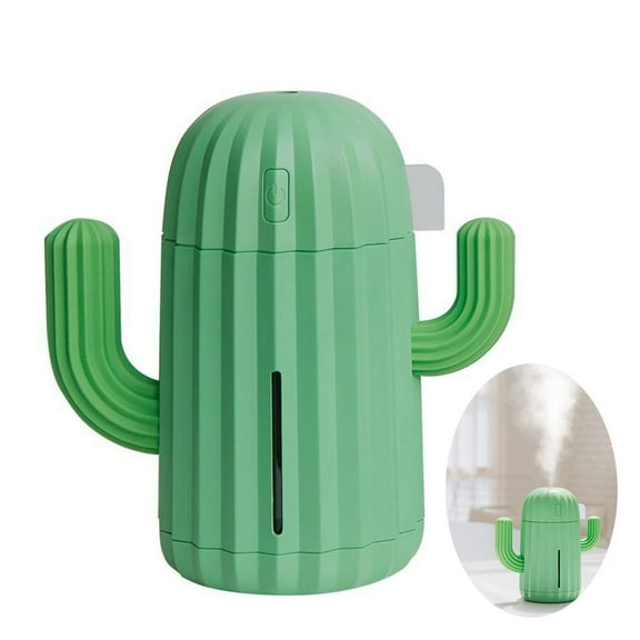 LNGOOR Mini Diffuser Humidifier Mist,Cute Cactus Air Humidifier with Led Night Light for Home Car Office Desk - Create Clean Fresh Air - USB Or Battery Powered,Battery Green