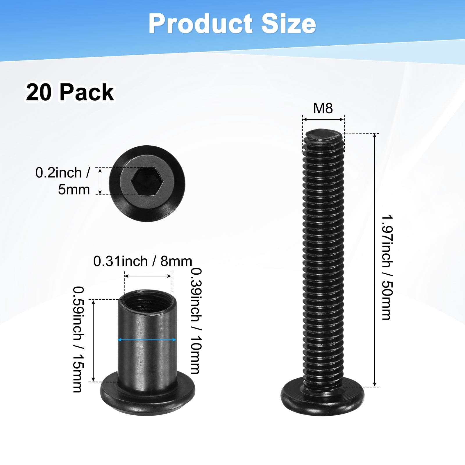 Uxcell 20-Pack Hex Drive Socket Cap Bolt M8 x 50mm Carbon Steel for Furniture