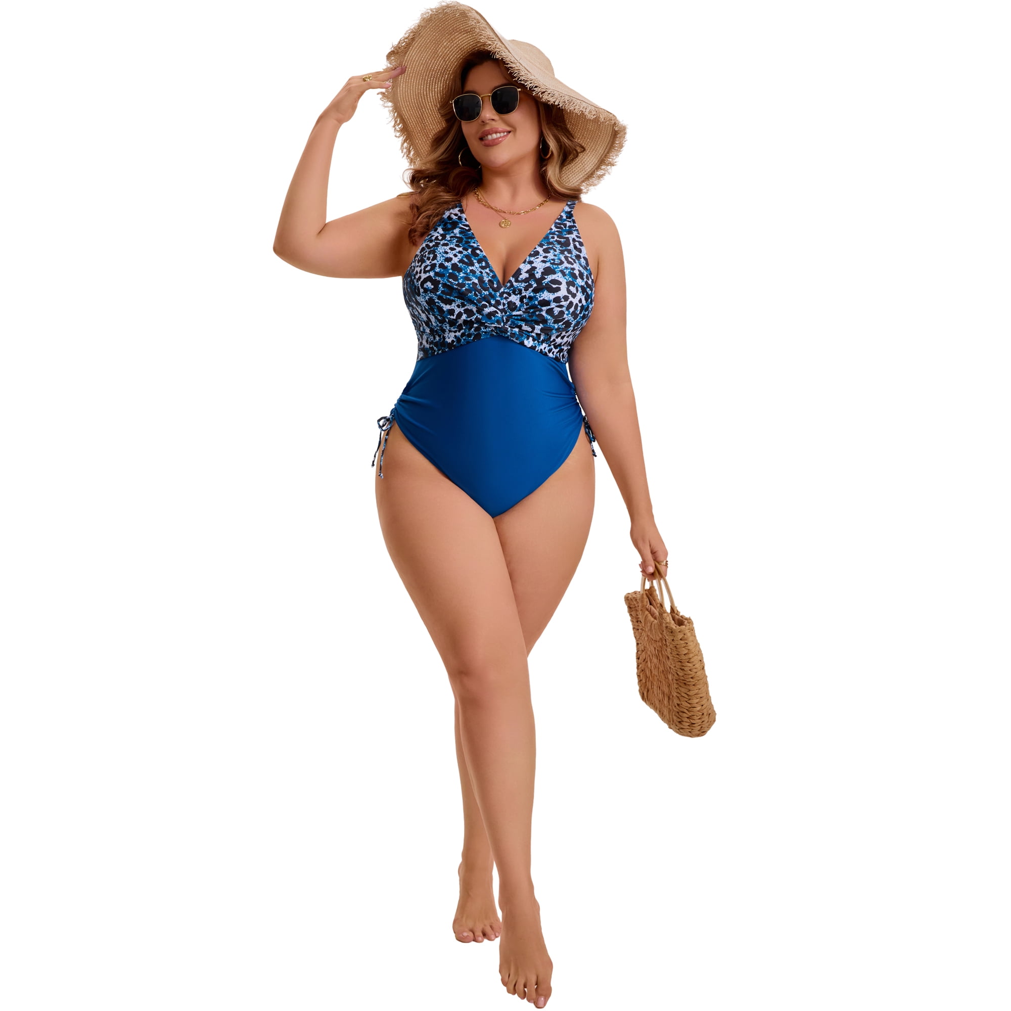 DARING DIVA Women's Plus Swimsuit with V Neck and Adjustable Push Up Design 4X Blue