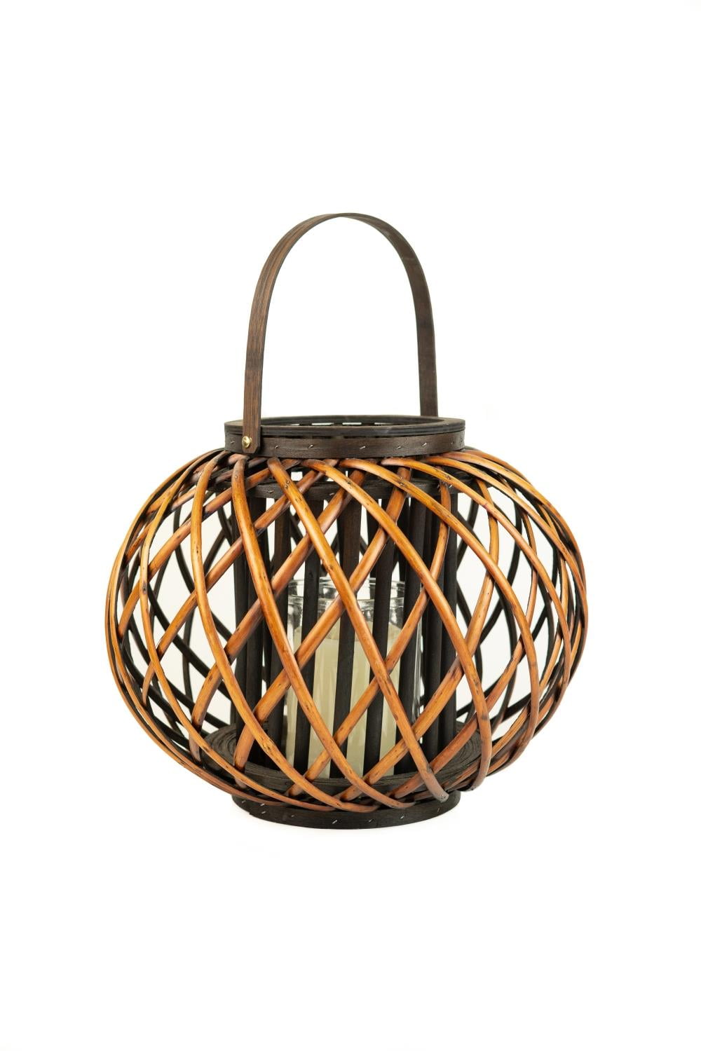 Kalalou Large Low Round Brown Willow Lantern With Wooden Handle