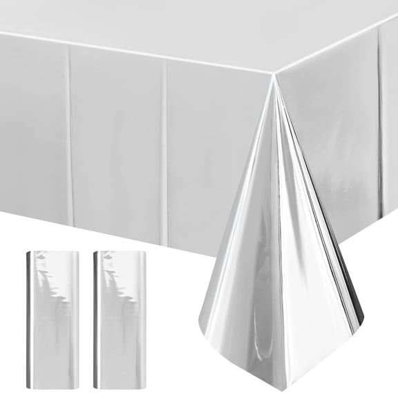 Shiny Silver Foil Metallic Disposable Tablecloth Set of 2, 54x108 Inch Rectangle Party Table Cover for Thanksgiving Christmas Birthday Graduation Decorations