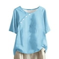thumbnail image 2 of LEBONYARD Womens Tops Plus Size,Tops for Women Trendy Plus Size fashion deals,Women's Solid Color Casual Round Neck Linen Knot Linen Button Short Sleeved Top Blue S, 2 of 5