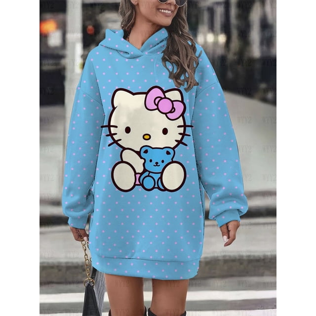 Nueva falda con capucha cómoda para mujer de otoño e invierno, sudadera holgada informal con estampado de Hello Kitty, estilo retro callejero para juegos de rol