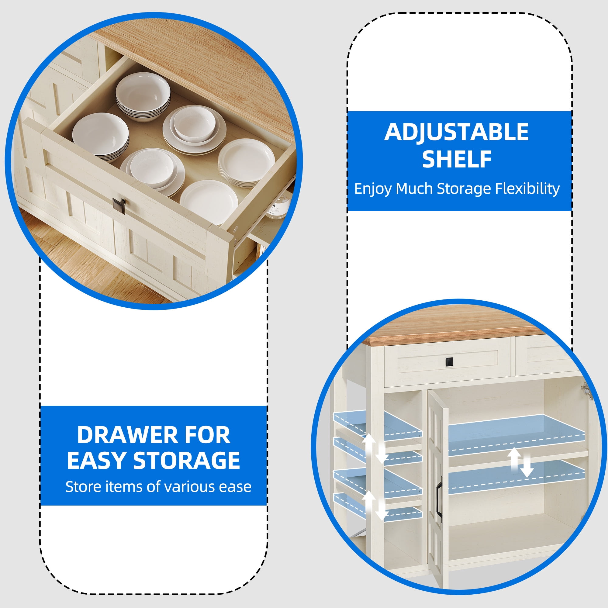 Uforic Kitchen Island Cart with Power Outlets, Kitchen Storage Cart with Storage Shelves & Drawers, Off-White