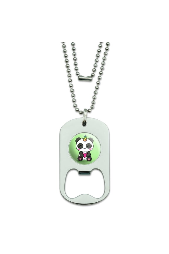 Cute Kawaii Unicorn Panda Holding Heart Military Dog Tag Bottle Opener Pendant