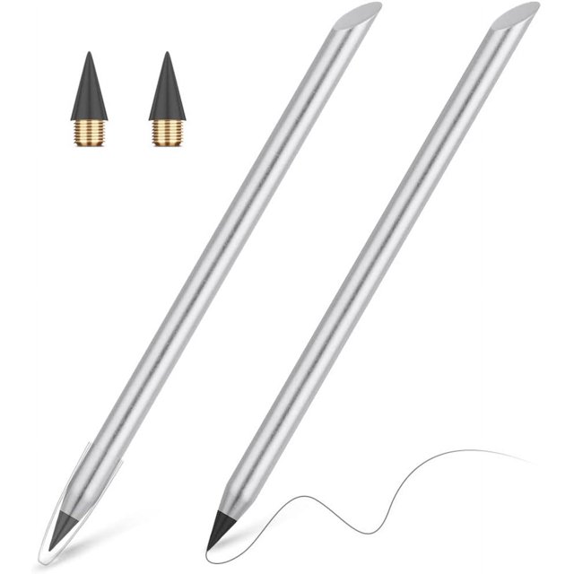LAICAIW 2 Pcs Crayon Sans Encre en Métal, Crayon Infini, Crayon Éternel Réutilisable, Crayon à Plume Remplaçable avec 2 Pointes Remplaçables pour Écrire Dessiner Étudiants Maison Bureau Fournitures Scolaires (Argent)