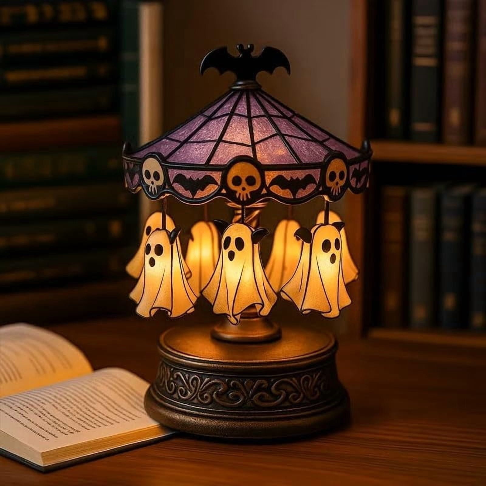 Ghost Carousel Light, Halloween Desk Lamp Stained Glass Circus Tent Night Light, Halloween Light Up Ghost Night Light Decorations Indoor, with Ghosts Bats Skeletons Vintage Carved Base